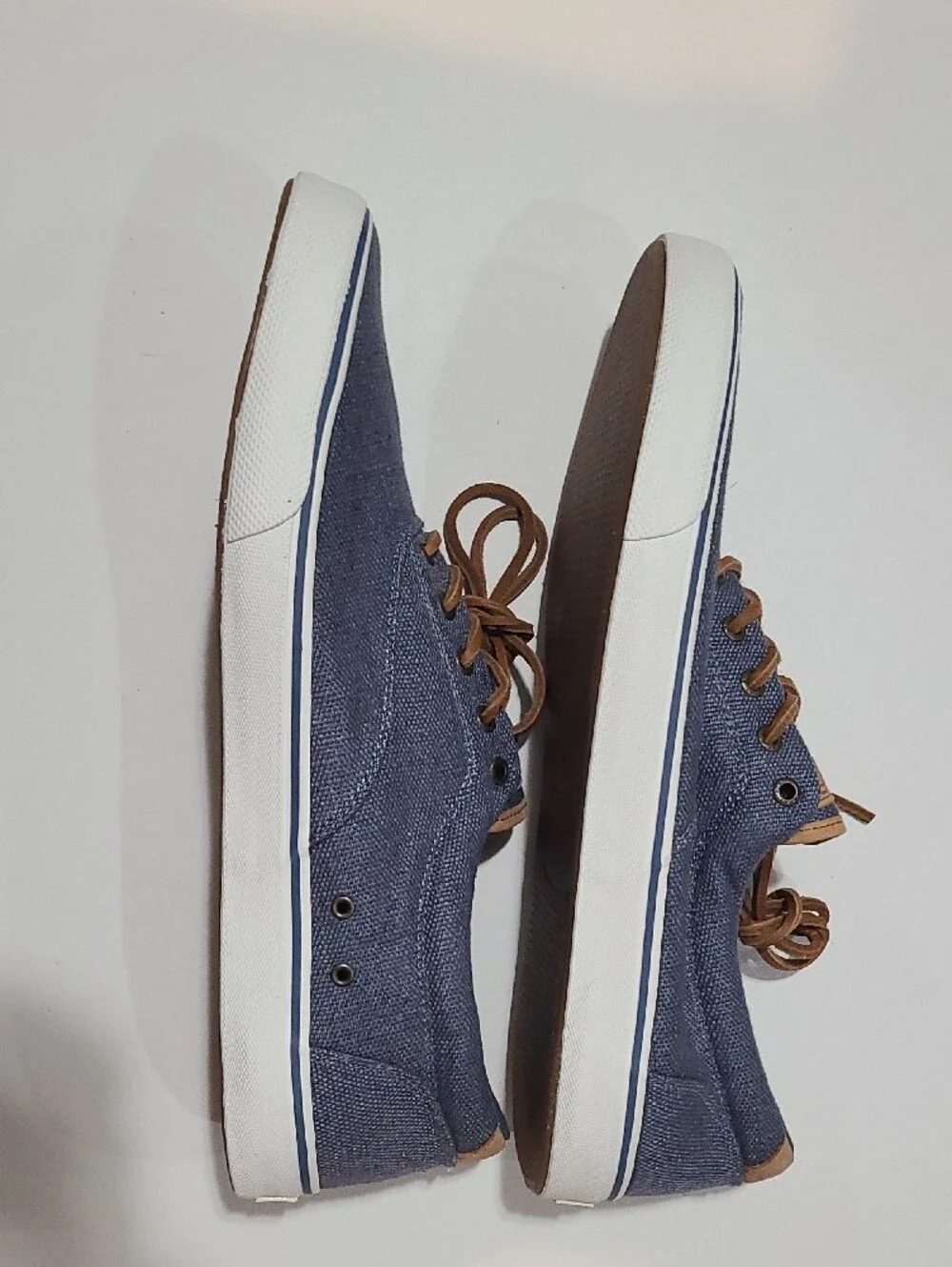 Sperry Blue Canvas Boat Shoes with Tan Leather Trim